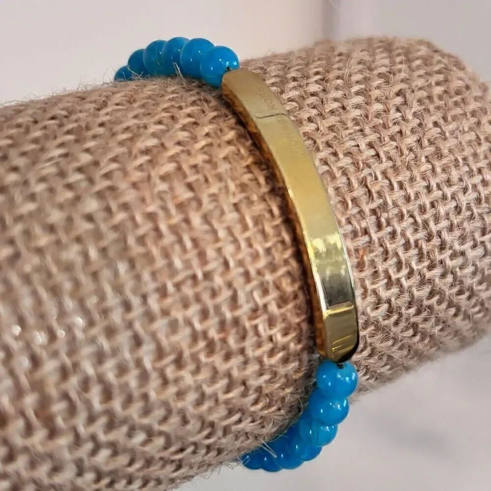 Michael Kors Gold-tone Logo Plaque Bar Adjustable Slider Beaded Bracelet Blue OS
